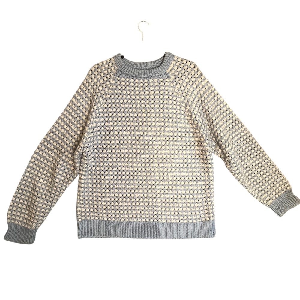 Mens Cozy Hand Knit Sweater Cream Blue Textured Crew Neck Long Sleeve Size L‎